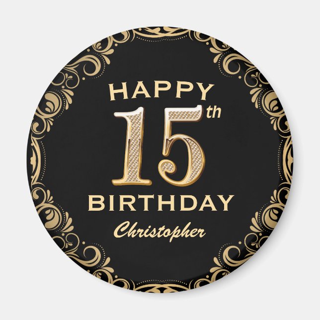 15th Birthday Party Black and Gold Glitter Frame Magnet (Front)