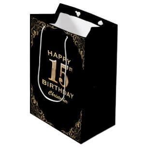 15th Birthday Party Black and Gold Glitter Frame Medium Gift Bag