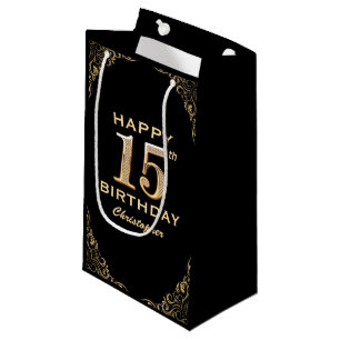 15th Birthday Party Black and Gold Glitter Frame Small Gift Bag
