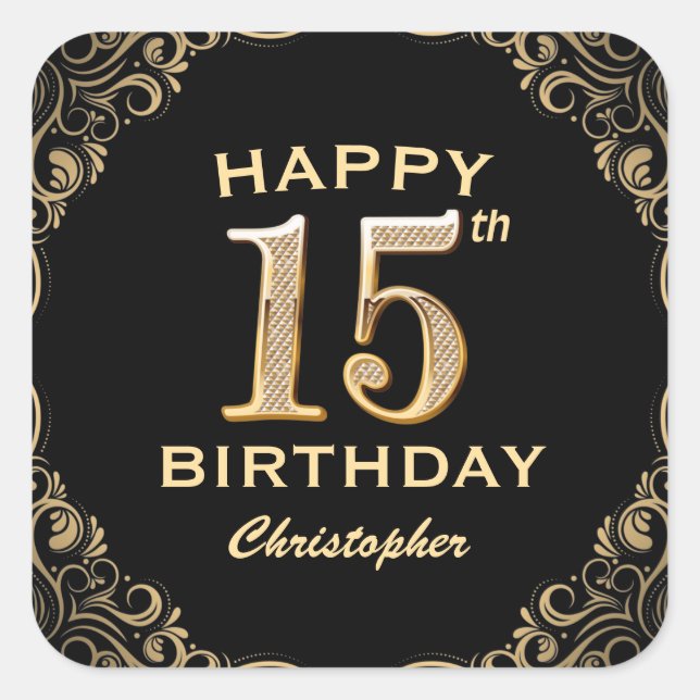 15th Birthday Party Black and Gold Glitter Frame Square Sticker (Front)