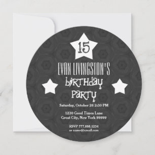 15th Birthday Party Black Circle White Stars W10D Invitation