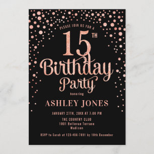 15th Birthday Party - Black & Rose Gold Invitation