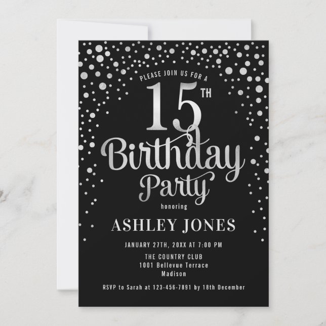 15th Birthday Party - Black & Silver Invitation (Front)