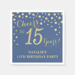 15th Birthday Party Blue and Gold Diamond Napkins