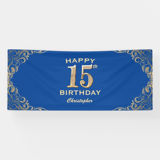15th Birthday Party Blue and Gold Glitter Frame Banner (Horizontal)
