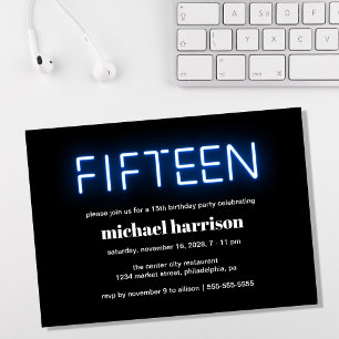 15th Birthday Party Blue Neon Lights Invitation