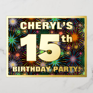 15th Birthday Party: Bold, Colourful Fireworks Loo Foil Invitation Postcard