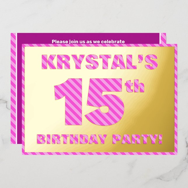 15th Birthday Party — Bold, Fun, Pink Stripes # 15 (Front/Back)