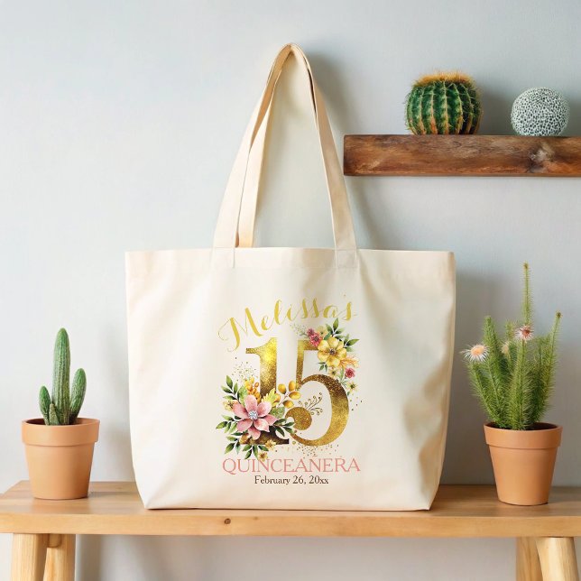 15th Birthday Party Floral Large Tote Bag (Creator Uploaded)