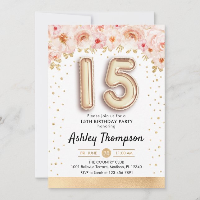 15th Birthday Party - Gold Balloons Invitation (Front)