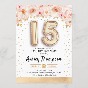 15th Birthday Party - Gold Balloons Invitation
