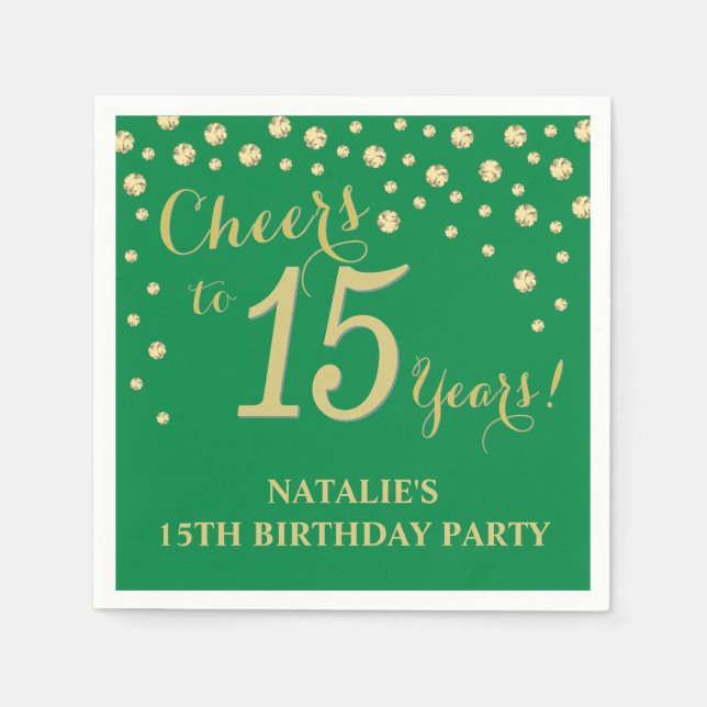 15th Birthday Party Green and Gold Diamond Napkins (Front)