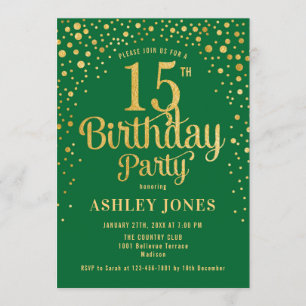 15th Birthday Party - Green & Gold Invitation