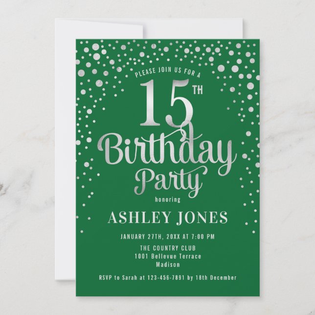 15th Birthday Party - Green & Silver Invitation (Front)