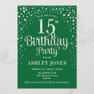 15th Birthday Party - Green & Silver Invitation