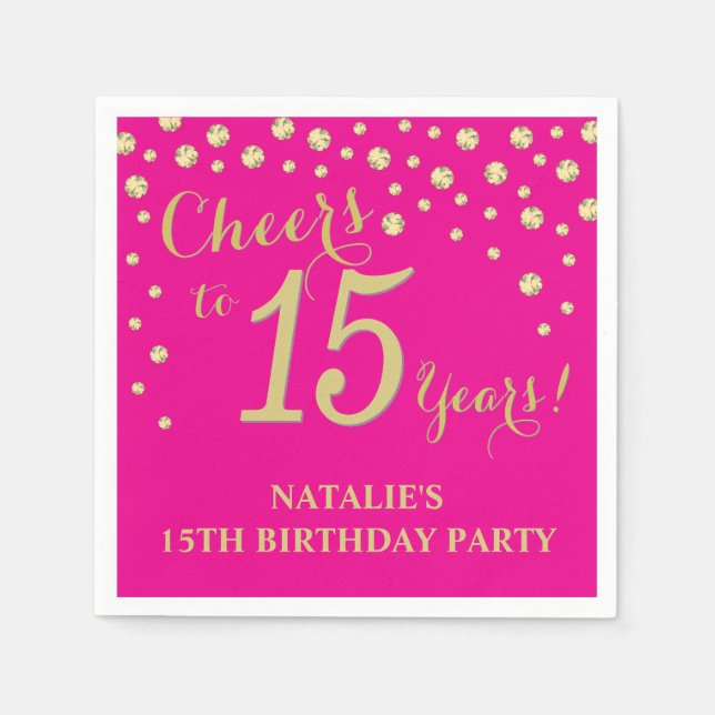 15th Birthday Party Hot Pink and Gold Diamond Napkin (Front)