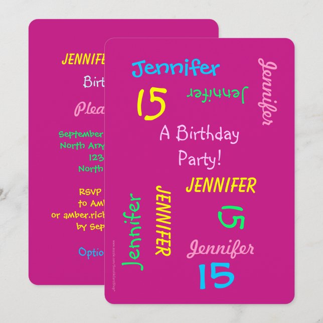 15th Birthday Party Hot Pink Personalised Name Invitation (Front/Back)