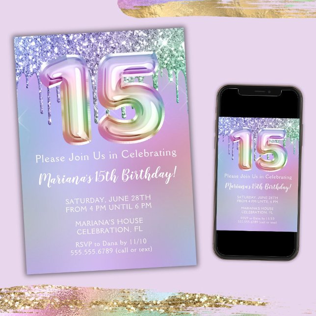 15th Birthday Party Invitation Purple Pink Glitter (Creator Uploaded)