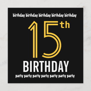 15th Birthday Party Modern Gold and Black Invitation
