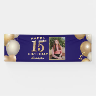 15th Birthday Party Navy Blue and Gold Balloons Banner