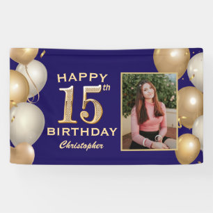 15th Birthday Party Navy Blue and Gold Balloons Banner