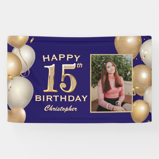 15th Birthday Party Navy Blue and Gold Balloons Banner (Horizontal)