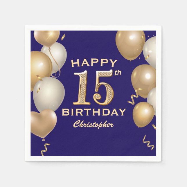 15th Birthday Party Navy Blue and Gold Balloons Napkin (Front)
