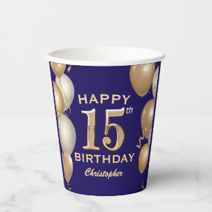 15th Birthday Party Navy Blue and Gold Balloons Paper Cups