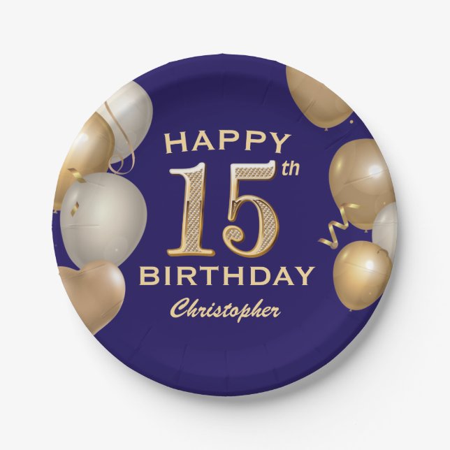 15th Birthday Party Navy Blue and Gold Balloons Paper Plate (Front)