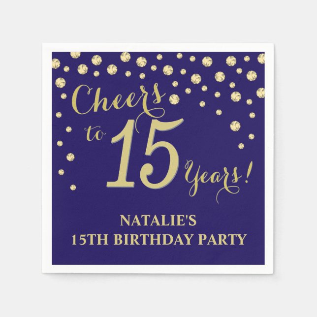 15th Birthday Party Navy Blue and Gold Diamond Napkin (Front)