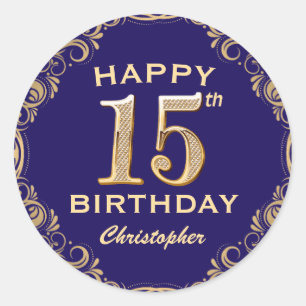 15th Birthday Party Navy Blue and Gold Glitter Classic Round Sticker
