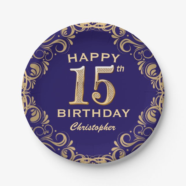 15th Birthday Party Navy Blue and Gold Glitter Paper Plate (Front)