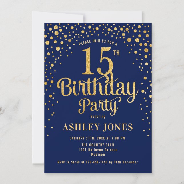 15th Birthday Party - Navy & Gold Invitation (Front)
