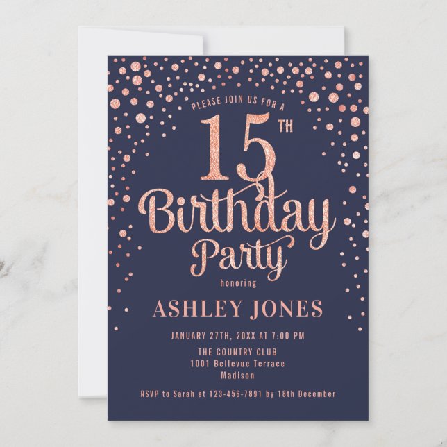 15th Birthday Party - Navy & Rose Gold Invitation (Front)