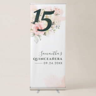 15th Birthday Party Pink Floral Quinceanera Retractable Banner