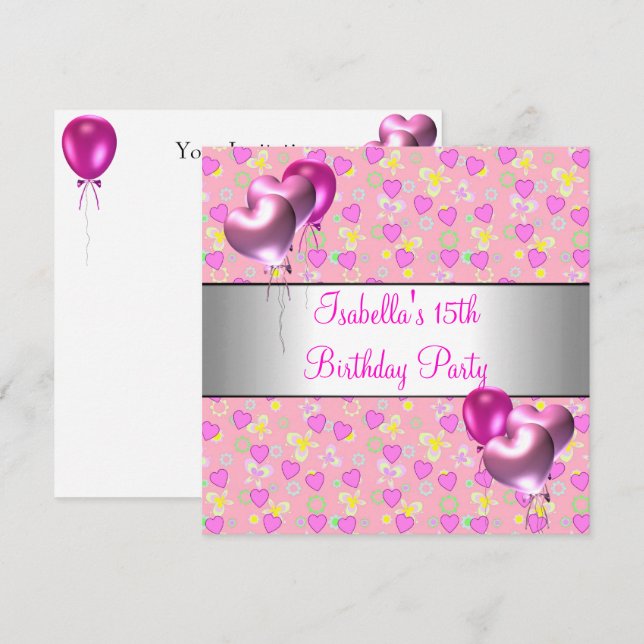 15th Birthday Party Pink Hearts Silver Balloons Invitation (Front/Back)