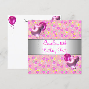15th Birthday Party Pink Hearts Silver Balloons Invitation