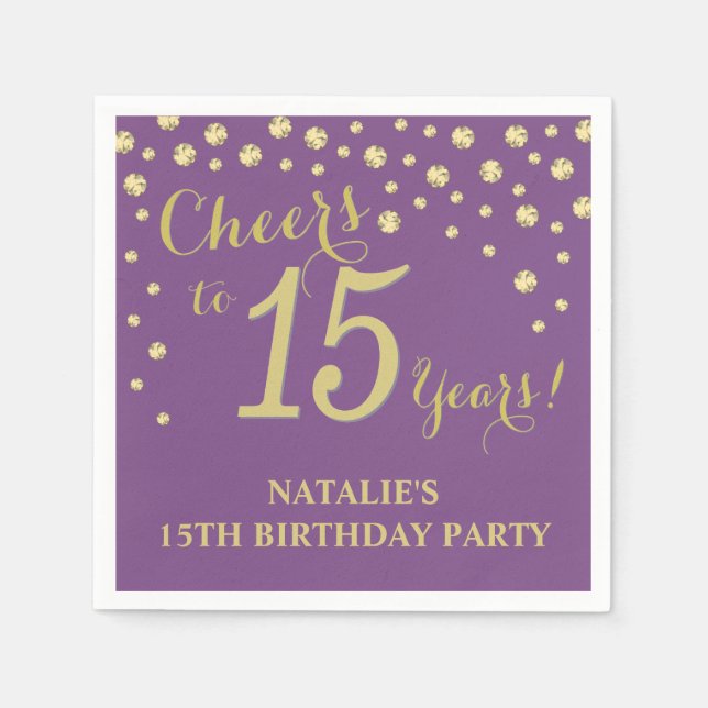 15th Birthday Party Purple and Gold Diamond Napkin (Front)