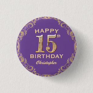 15th Birthday Party Purple and Gold Glitter Frame 3 Cm Round Badge