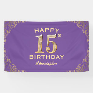 15th Birthday Party Purple and Gold Glitter Frame Banner