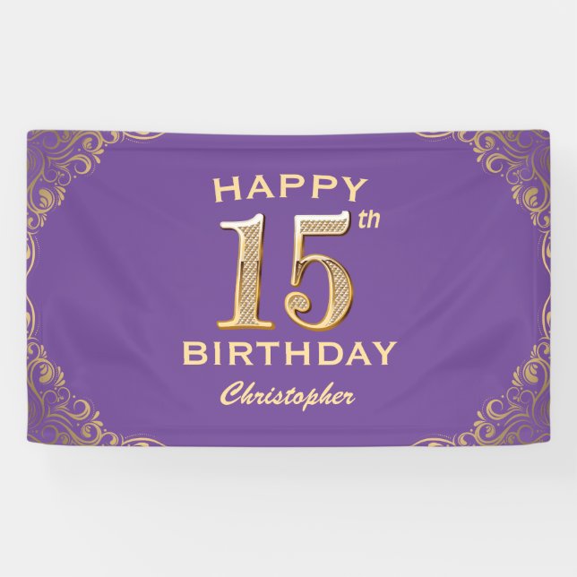 15th Birthday Party Purple and Gold Glitter Frame Banner (Horizontal)