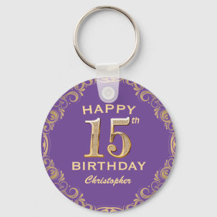 15th Birthday Party Purple and Gold Glitter Frame Key Ring