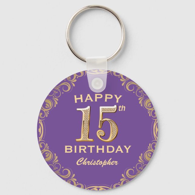 15th Birthday Party Purple and Gold Glitter Frame Key Ring (Front)