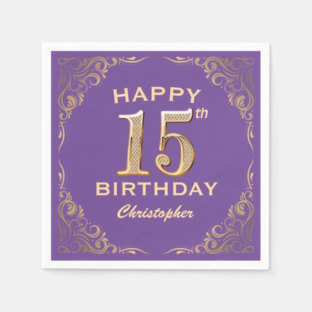 15th Birthday Party Purple and Gold Glitter Frame Napkin (Front)