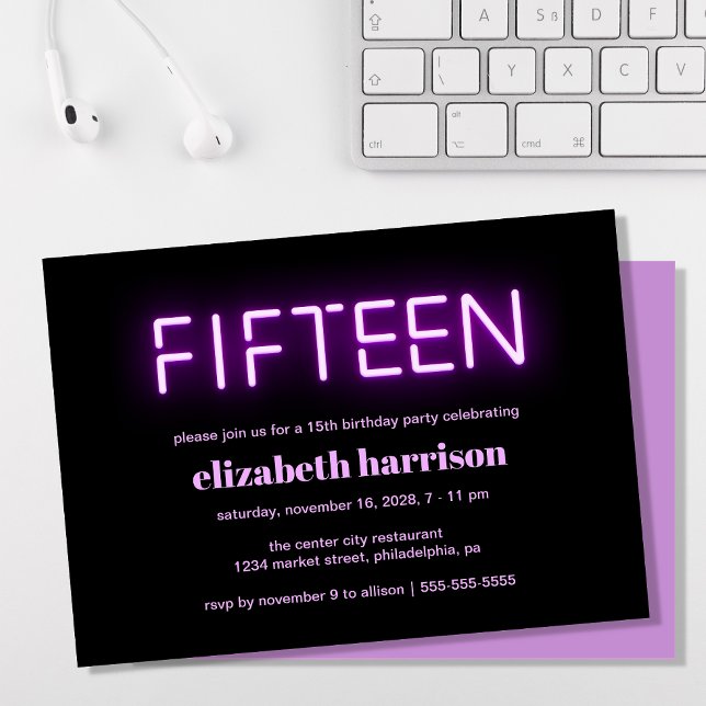 15th Birthday Party Purple Neon Lights Invitation (Creator Uploaded)