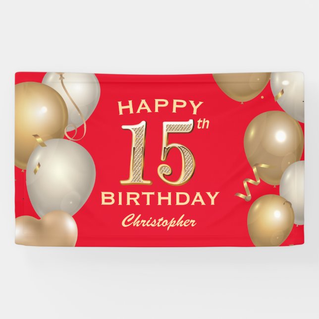 15th Birthday Party Red and Gold Balloons Banner (Horizontal)