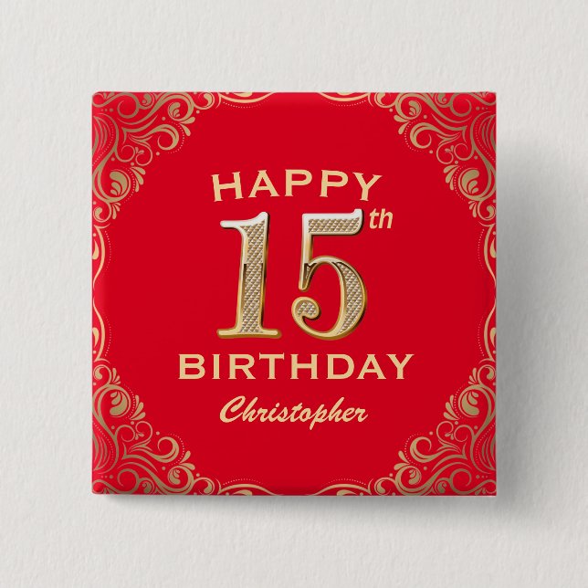 15th Birthday Party Red and Gold Glitter Frame 15 Cm Square Badge (Front)