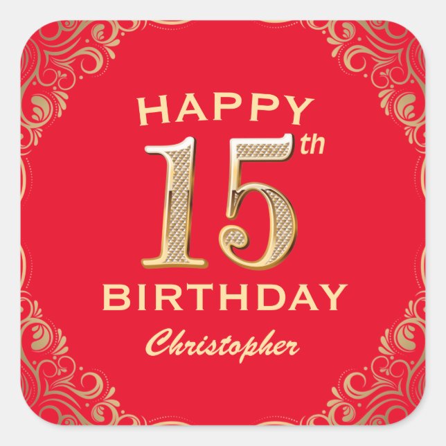 15th Birthday Party Red and Gold Glitter Frame Square Sticker (Front)