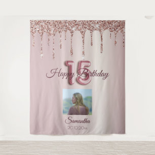 15th Birthday Party Rose Gold Balloon Glitter Tapestry