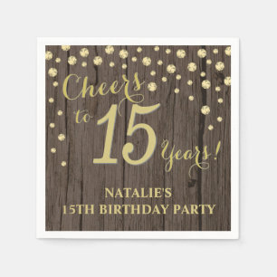 15th Birthday Party Rustic Wood and Gold Diamond N Napkin